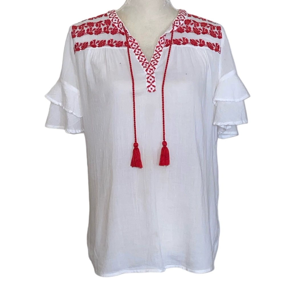 Liz Claiborne White Red Embroidered Tunic Top Sz Small‎